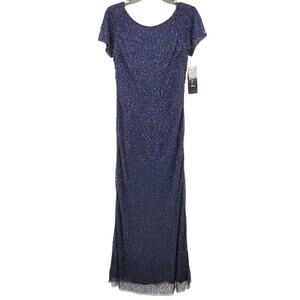 Pisarro Nights Long Line Art Deco Beaded Mesh Formal Gown Sz 18 in Navy NWT
